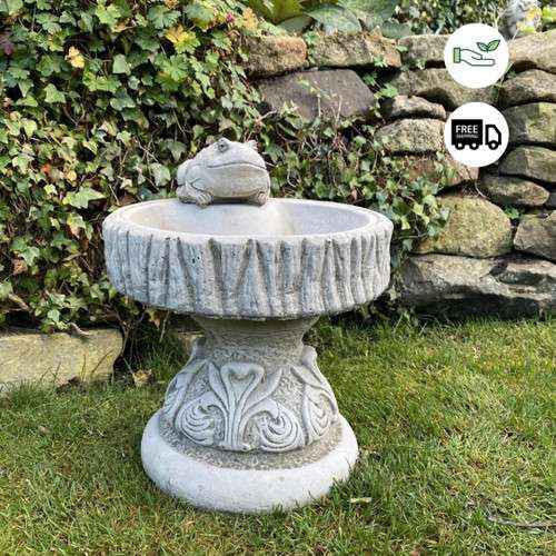 Rustic Garden Birdbath with Frog atop
