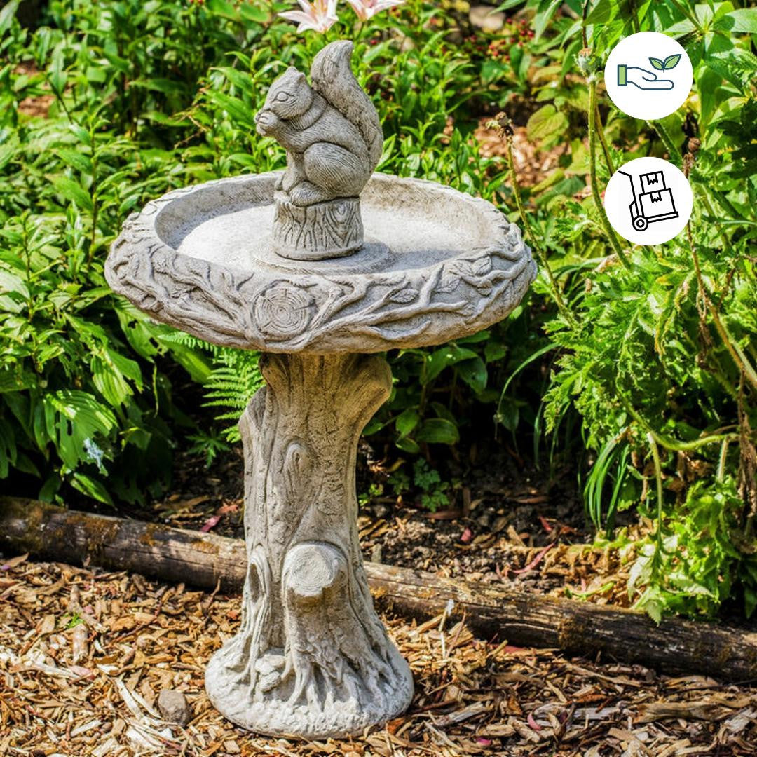 Stone cast Birdbath with Squirrel atop