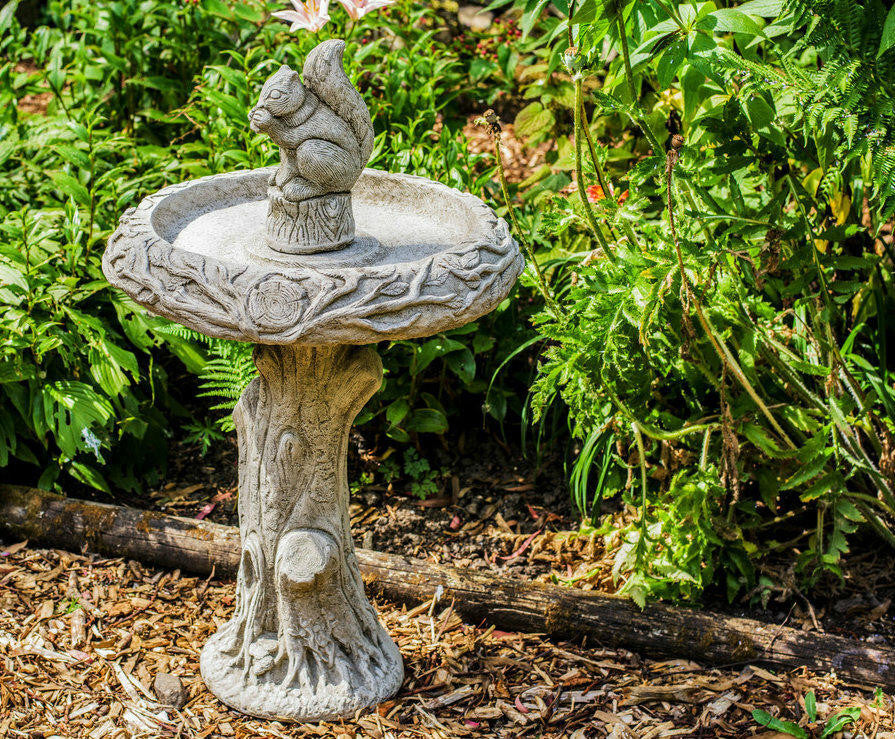 Stone cast Birdbath with Squirrel atop