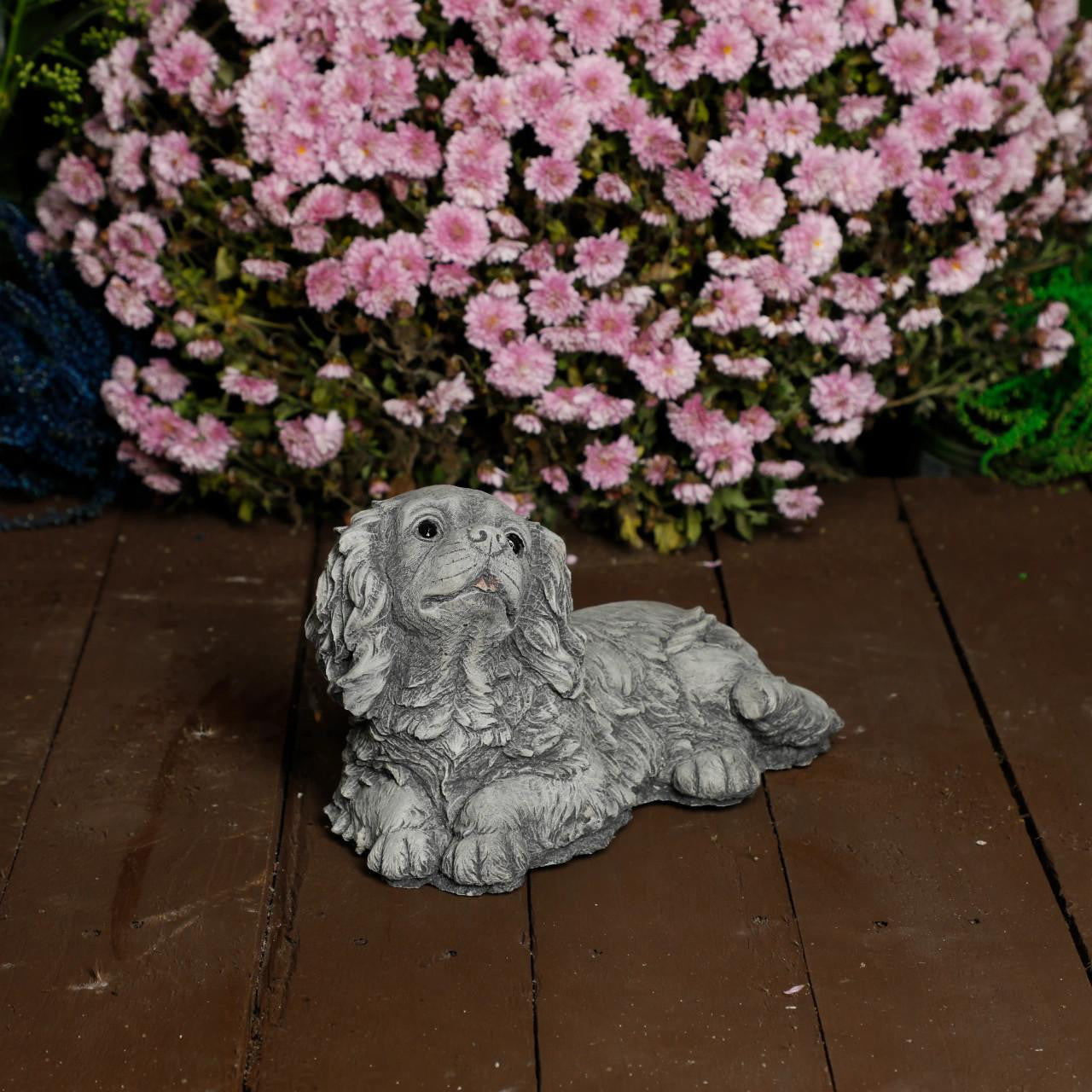 Stone Cast Small Laying King Charles Spaniel Dog Statue Ornament