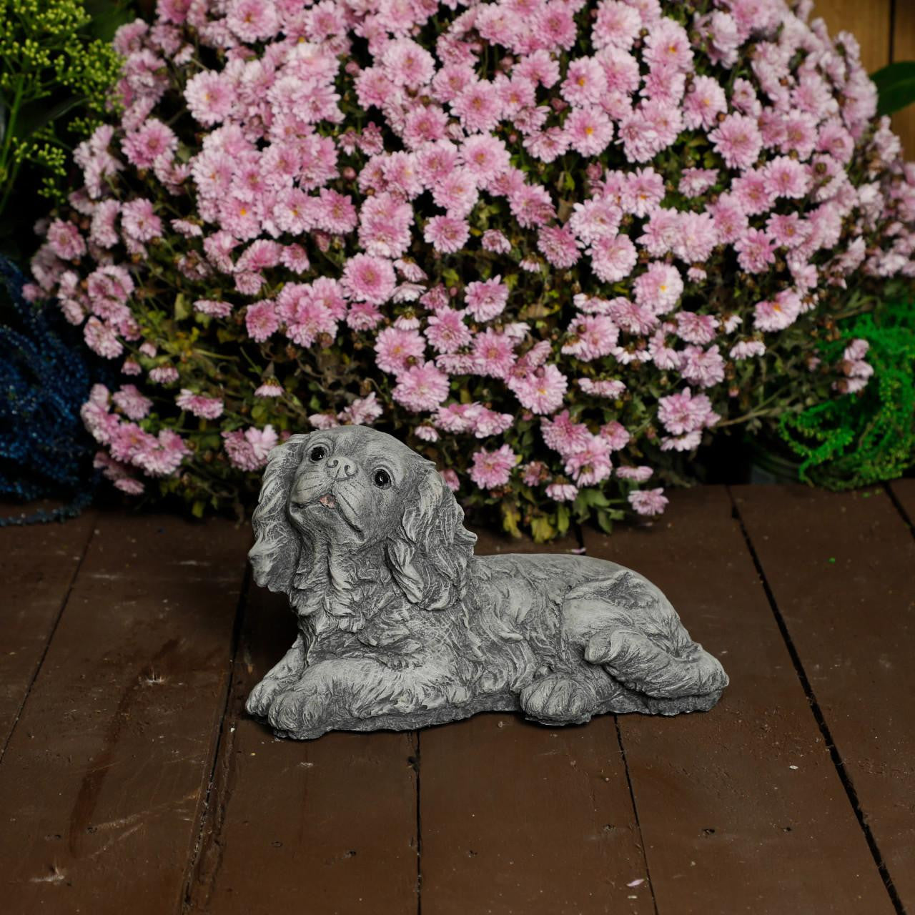 Stone Cast Small Laying King Charles Spaniel Dog Statue Ornament