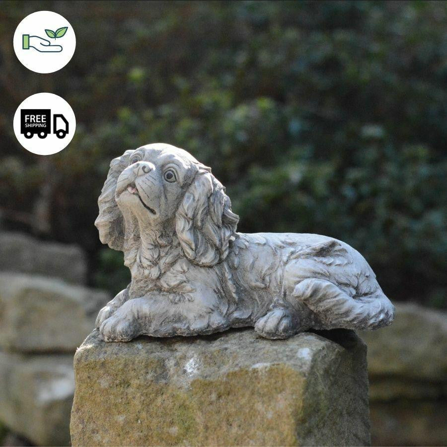 Stone Cast Small Laying King Charles Spaniel Dog Statue Ornament