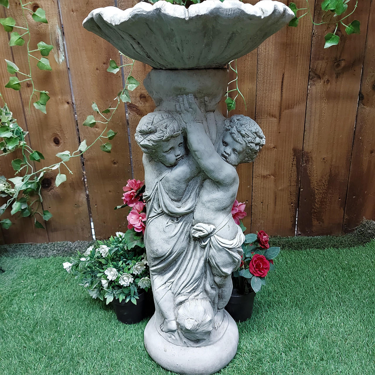 Stone Cast Twin Cherub Design Birdbath