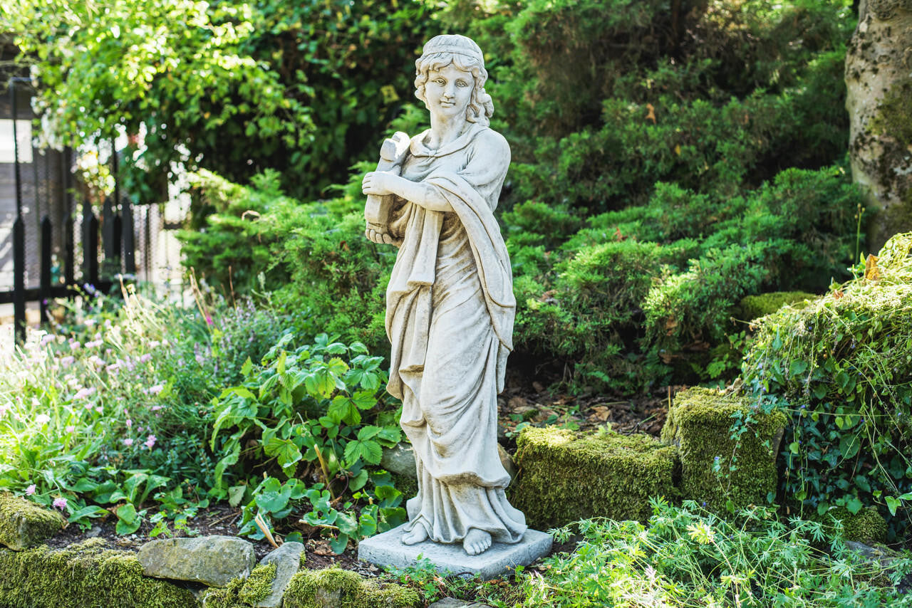 Tall Stone Cast Ladys Statue with Harp