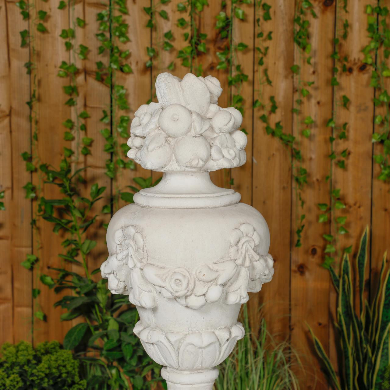 Very Large White Stone Cast Fruit Design Finial And Plinth Set