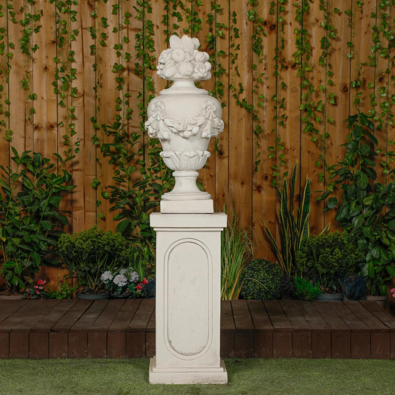 Very Large White Stone Cast Fruit Design Finial And Plinth Set