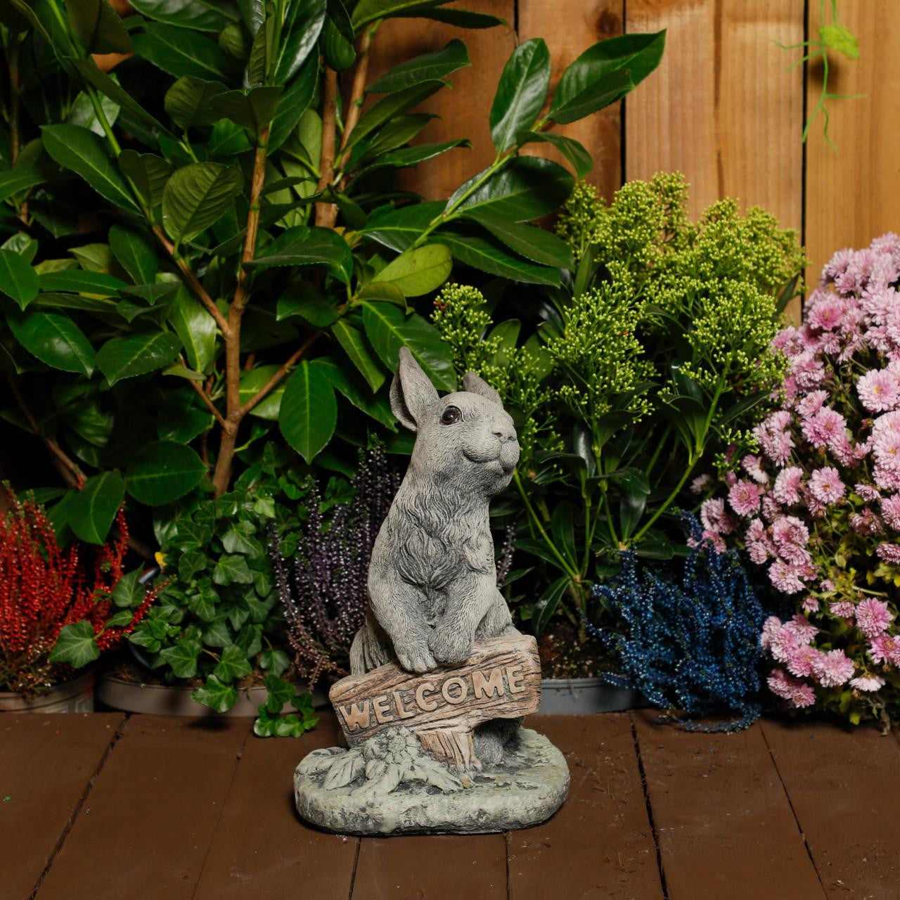 Welcome Bunny Stone Cast Statue Garden Ornament | Cute Rabbit Statue
