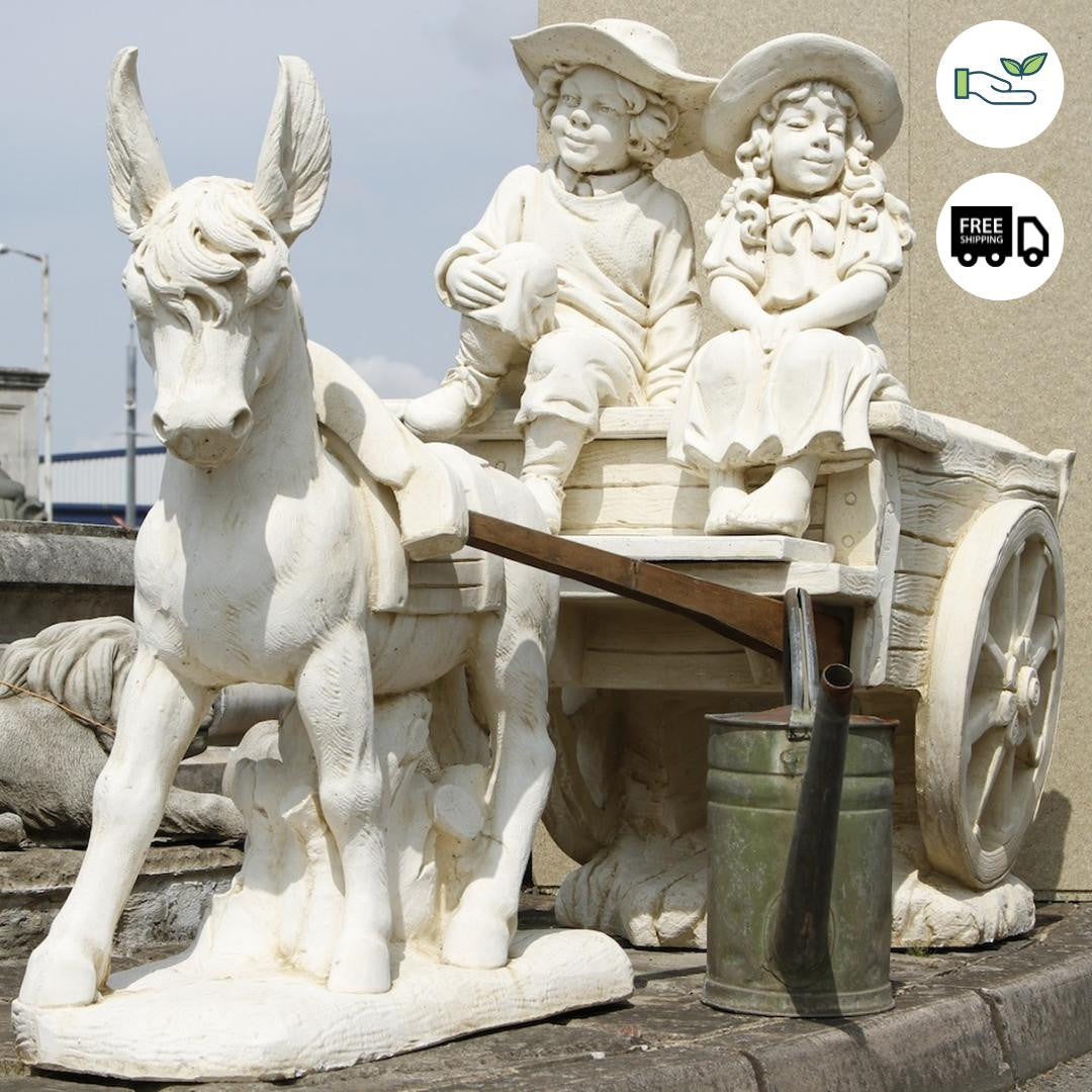 White Stone Ornament of Cart drawn by Donkey without Children on