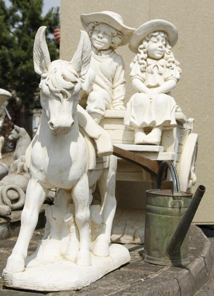 White Stone Ornament of Cart drawn by Donkey without Children on