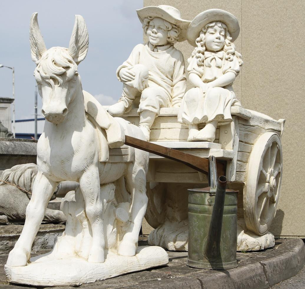 White Stone Ornament of Cart drawn by Donkey without Children on