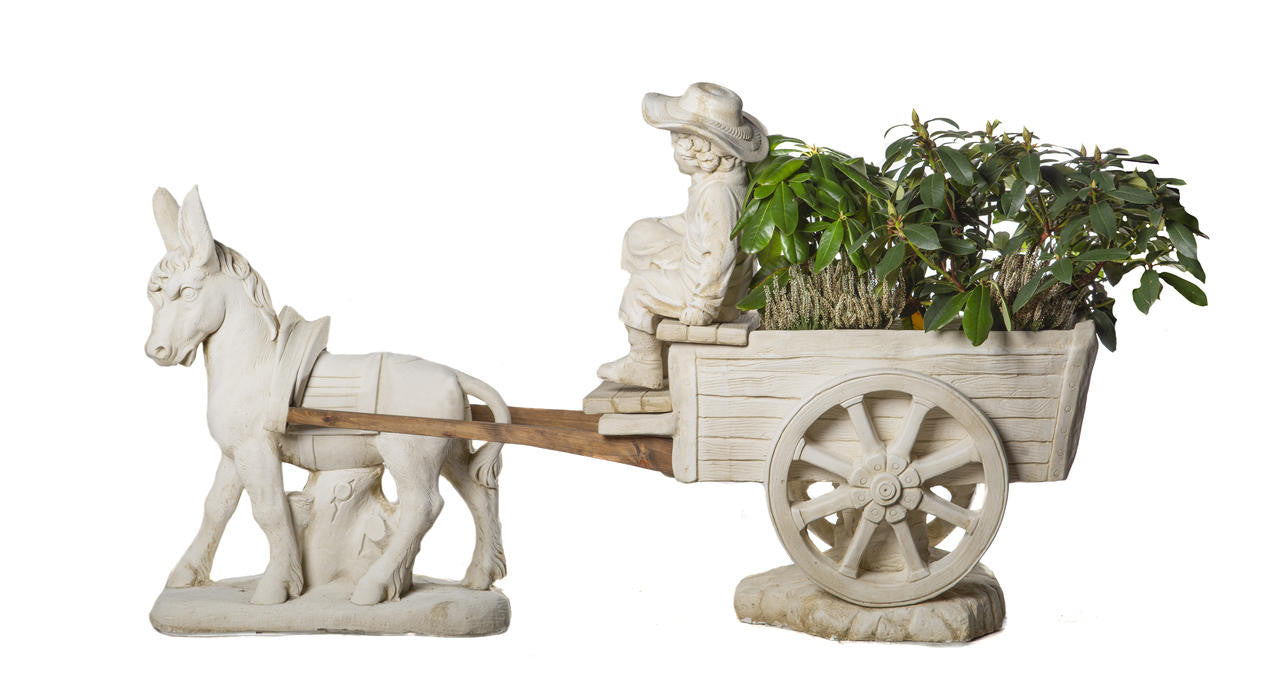 White Stone Ornament of Cart drawn by Donkey without Children on