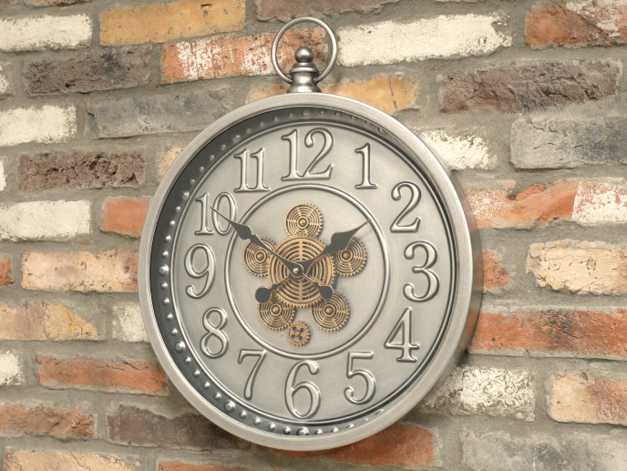 Large Decorative Wall Clock with Gold Cogs – Antique Pocket‑Watch Inspired Design
