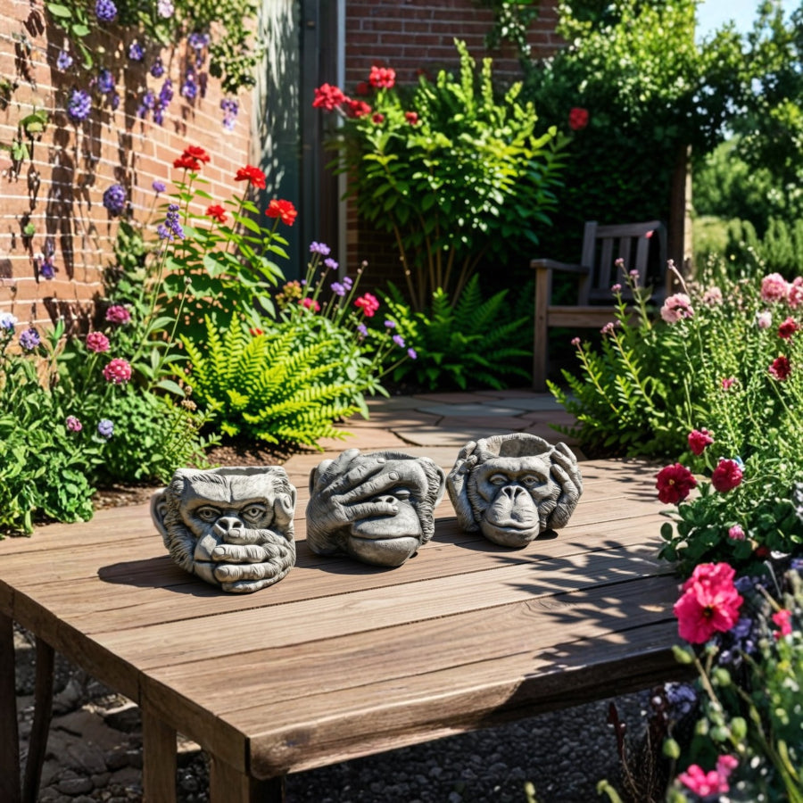 Stone Cast Gorilla Head "See No Evil" Planter - Three Wise Monkeys Garden Plant Pot