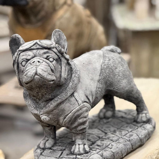 Pilot Frenchie Stone Statue Detailed Garden Ornament