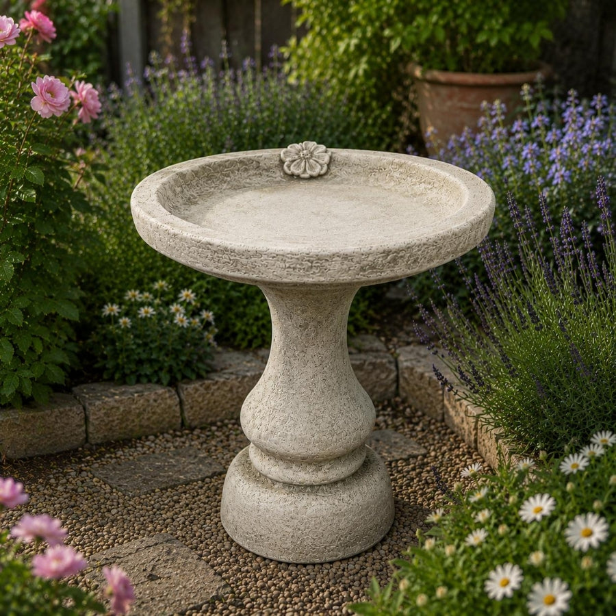 Stone Cast Blossom Design Birdbath with Decorative Pedestal