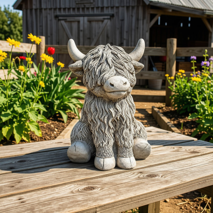 Traditional Stone Cast Highland Cow Garden Sculpture – Rustic Farmyard Décor