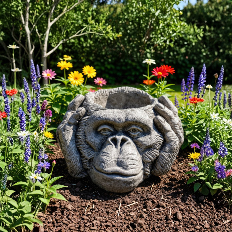 Stone Cast Gorilla Head "Hear No Evil" Planter - Three Wise Monkeys Garden Plant Pot