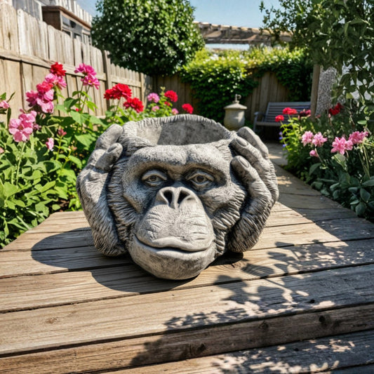 Stone Cast Gorilla Head "Hear No Evil" Planter - Three Wise Monkeys Garden Plant Pot
