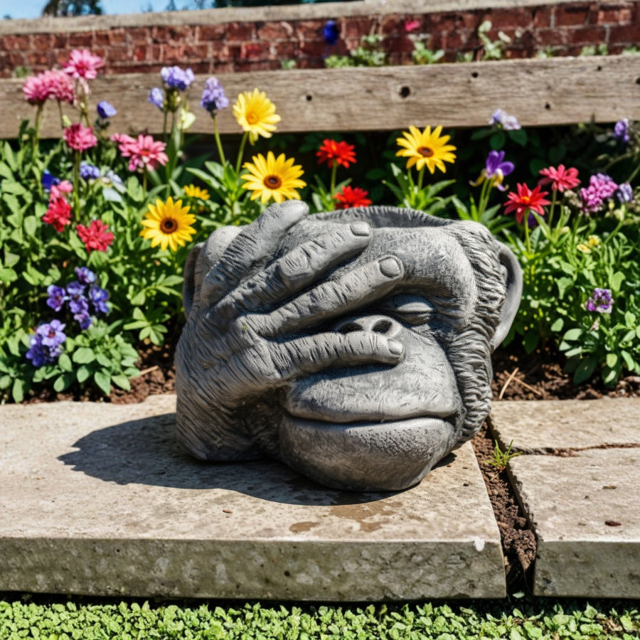 Stone Cast Gorilla Head "See No Evil" Planter - Three Wise Monkeys Garden Plant Pot