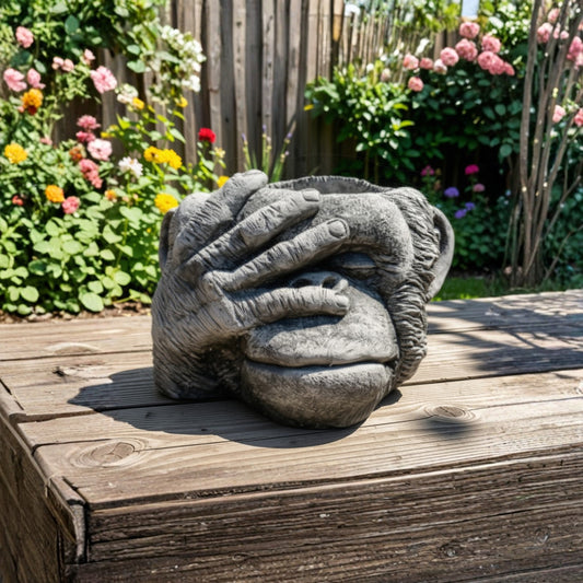 Stone Cast Gorilla Head "See No Evil" Planter - Three Wise Monkeys Garden Plant Pot