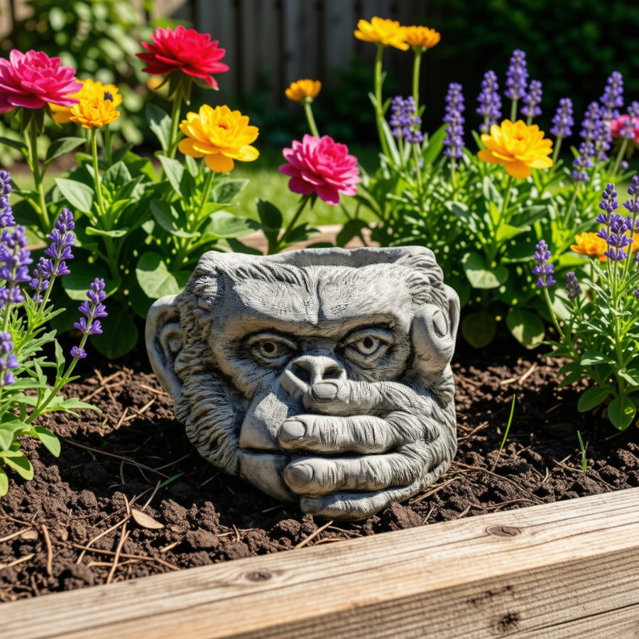 Stone Cast Gorilla Head "Speak No Evil" Planter - Three Wise Monkeys Garden Plant Pot