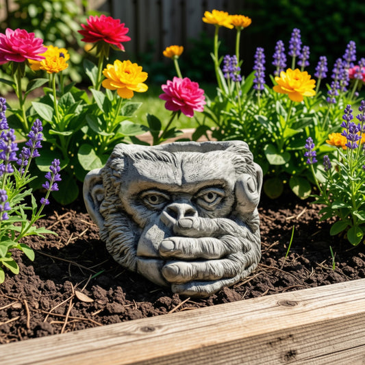 Stone Cast Gorilla Head "Speak No Evil" Planter - Three Wise Monkeys Garden Plant Pot
