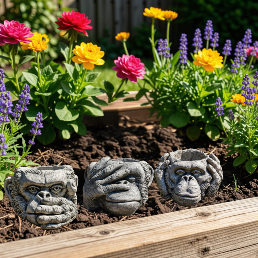 Stone Cast Gorilla Head "Speak No Evil" Planter - Three Wise Monkeys Garden Plant Pot