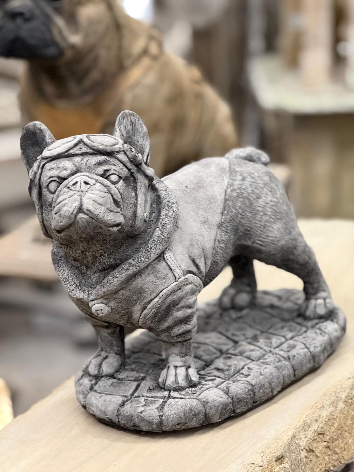 Pilot Frenchie Stone Statue Detailed Garden Ornament