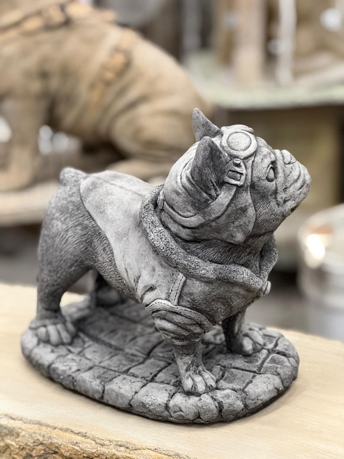 Pilot Frenchie Stone Statue Detailed Garden Ornament