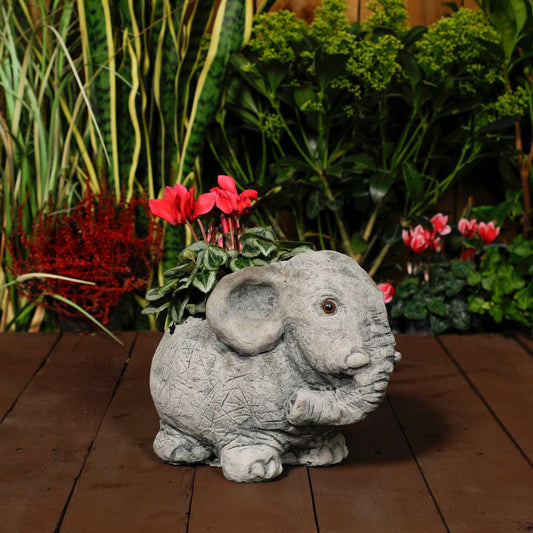Adorable Stone Cast Elephant Planter with Carved Texture