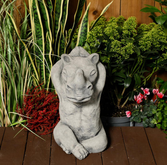 Calm Large Cast Stone Yoga Rhino Garden Statue Animal Figurine 