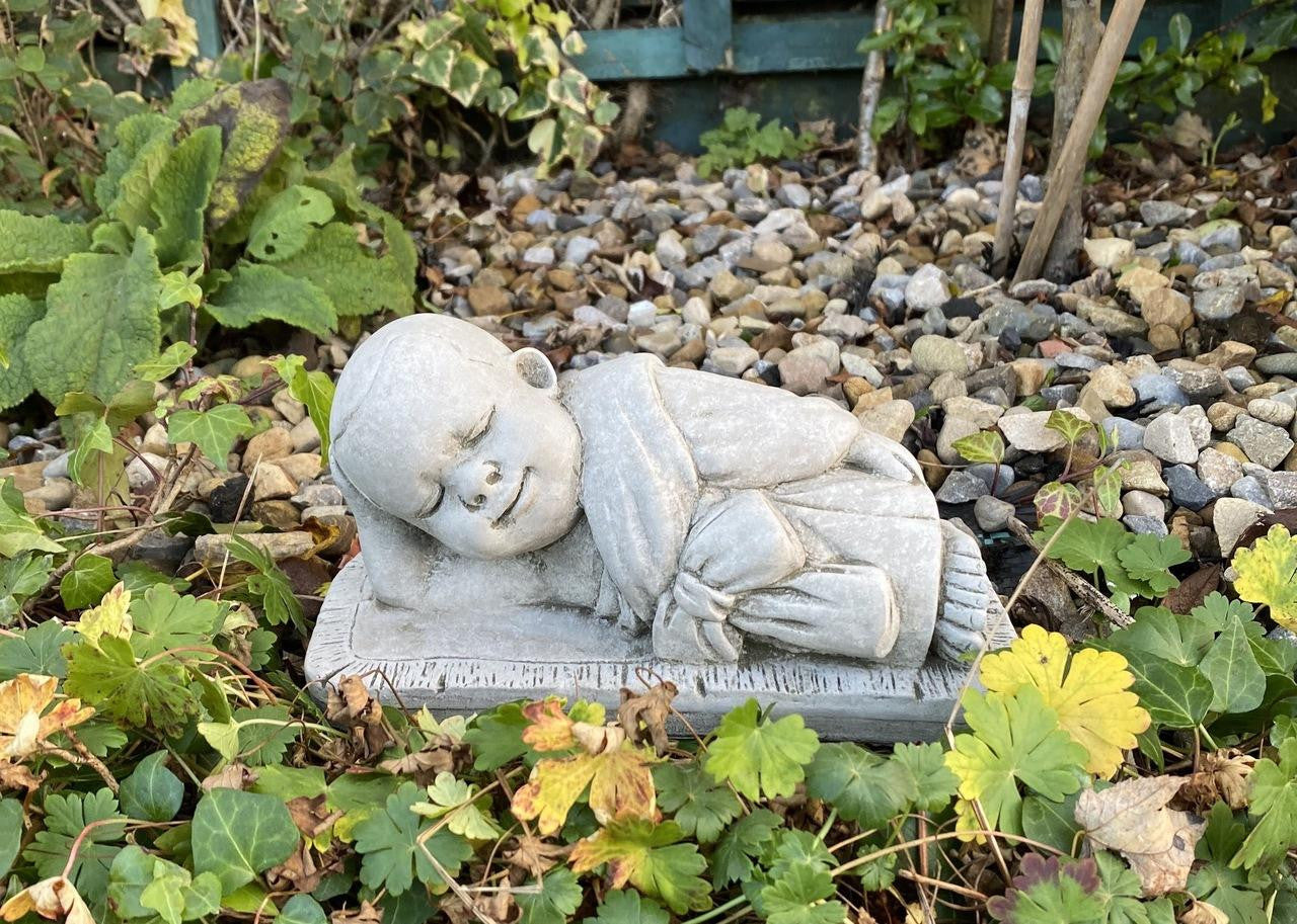 Charming Stone Cast Small Lying Monk in Robe