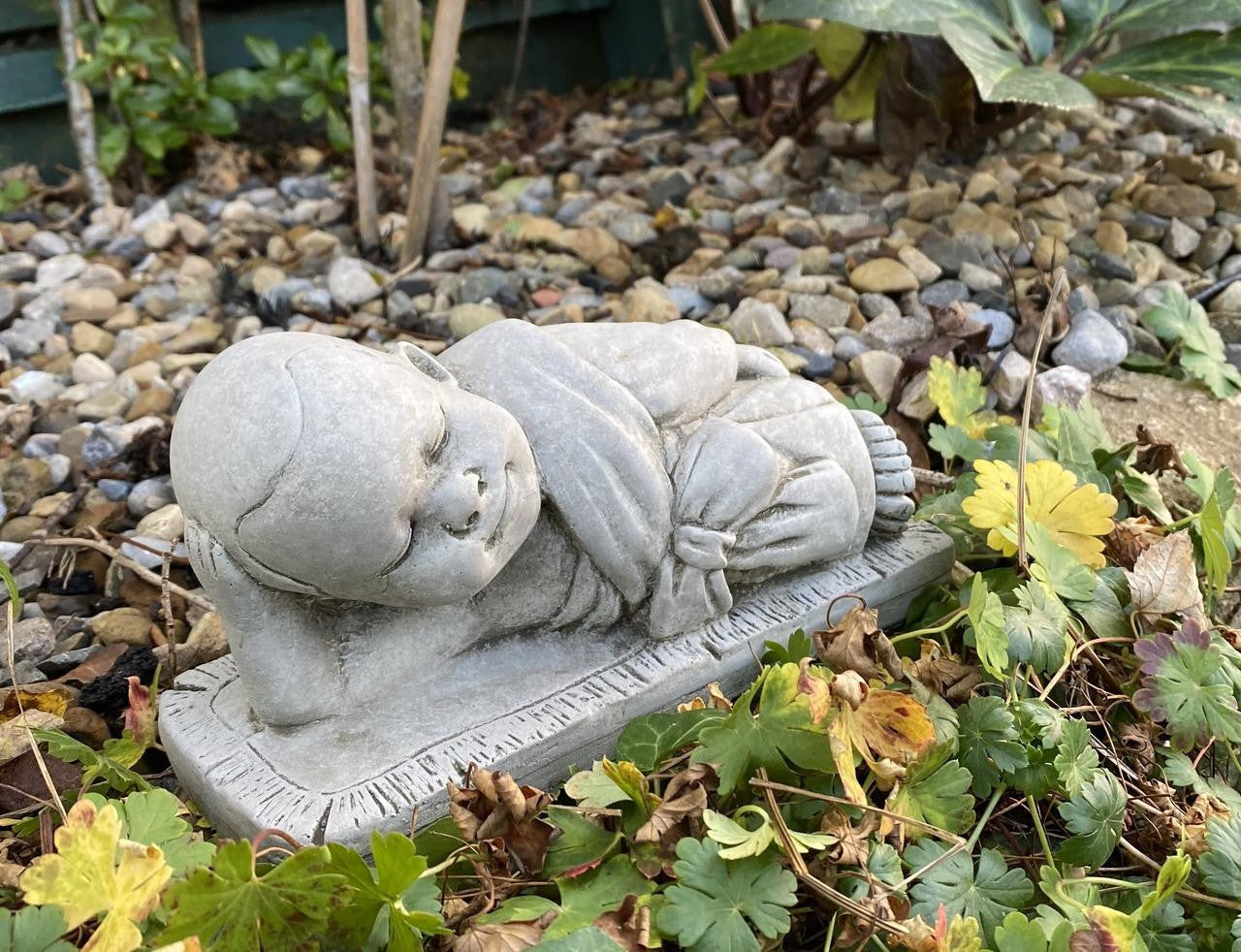 Charming Stone Cast Small Lying Monk in Robe