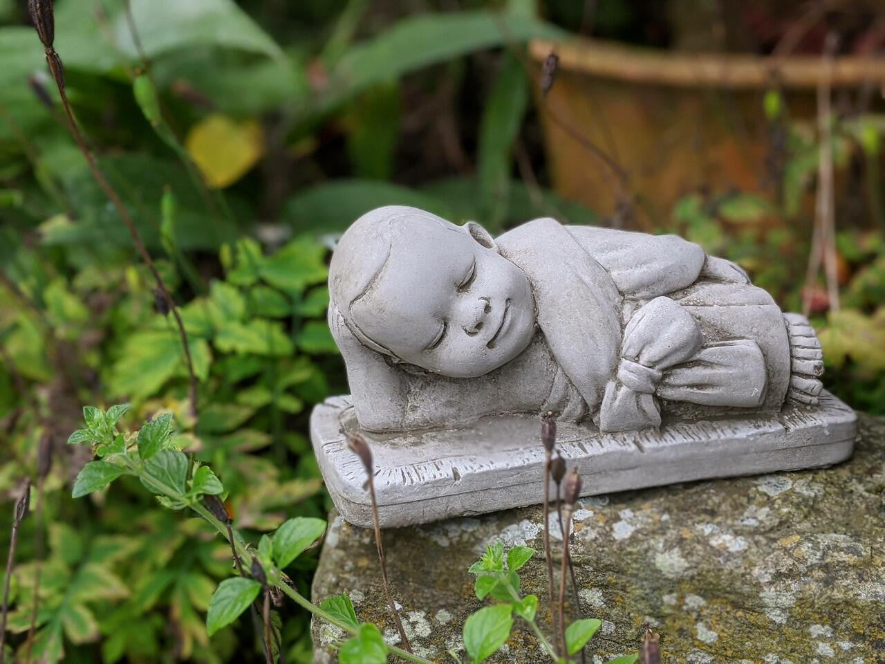 Charming Stone Cast Small Lying Monk in Robe