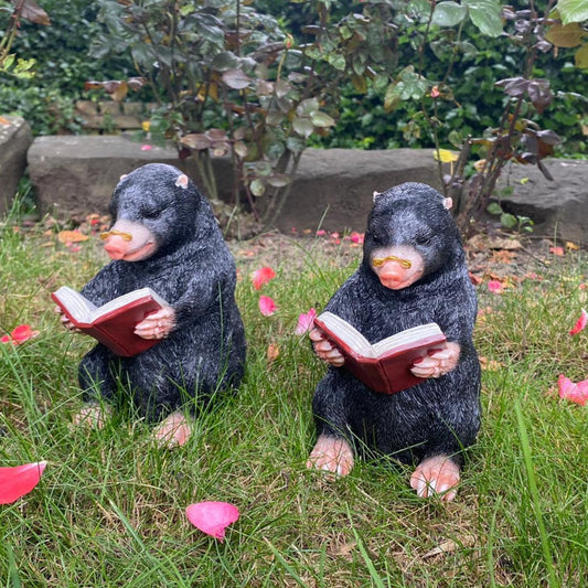 Clever Reading Book Pair of  Moles Figurines for Garden or Home