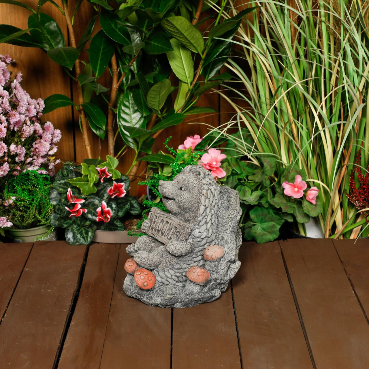Cheerful Stone Cast Hedgehog with Welcome Sign