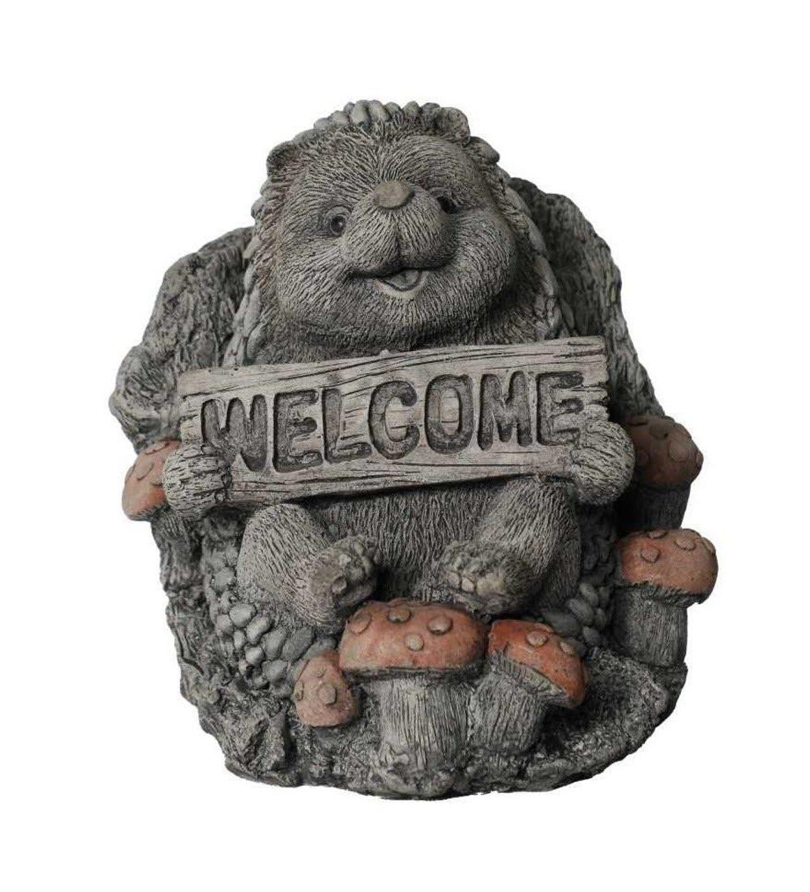Cheerful Stone Cast Hedgehog with Welcome Sign