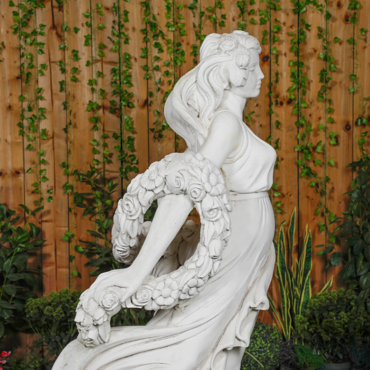 Elegant White Stone Cast Lady With A Rose Garland  1 m 76 Tall 