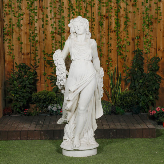 Elegant White Stone Cast Lady With A Rose Garland  1 m 76 Tall 