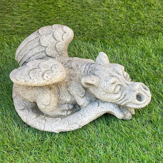 Enchanting  Dreaming Dragon Stone Cast Statue Small Outdoor Ornament Garden Sculpture