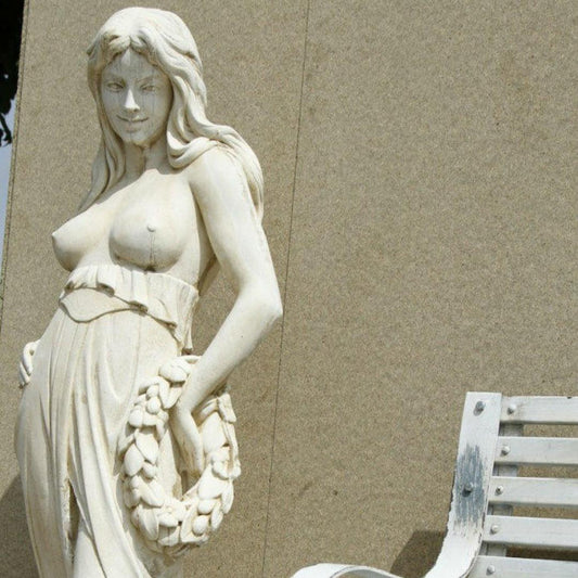 Ex Large White Stone-Cast Lady With Flower Wreath Garden Statue