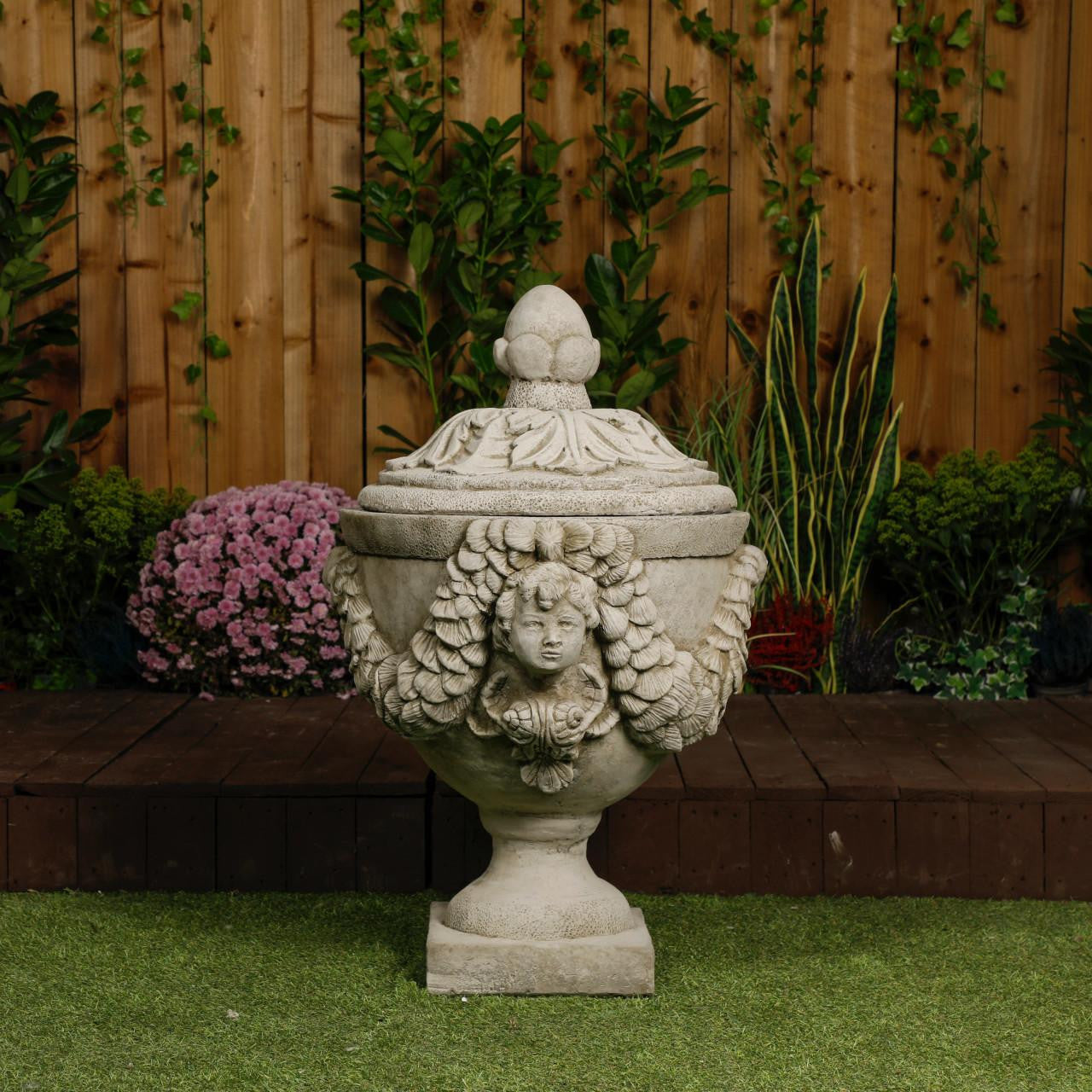 Grand & Ornate Stone Cast Cherub Planter (Lid not Included) 