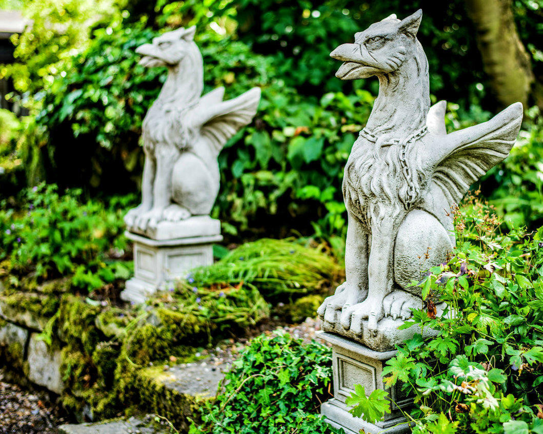Large Pair Of Winged Stone Griffin Ornaments Gargoyle Gryphon Style with Plinths