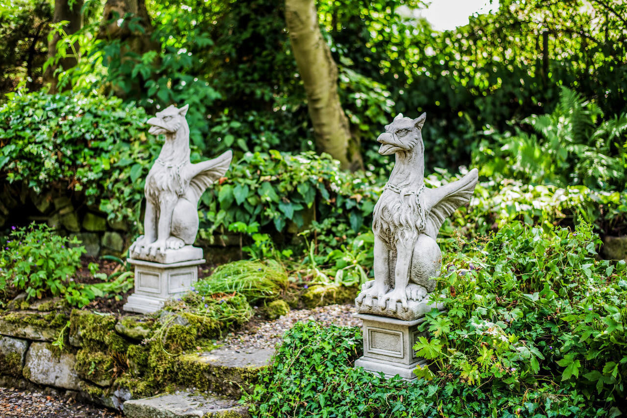 Large Pair Of Winged Stone Griffin Ornaments Gargoyle Gryphon Style with Plinths