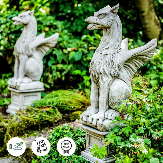 Large Pair Of Winged Stone Griffin Ornaments Gargoyle Gryphon Style with Plinths