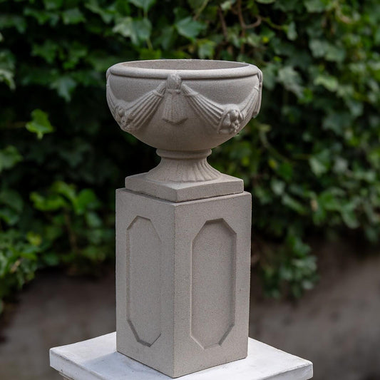 Large Round Sandstone Garden Urn on Square Plinth