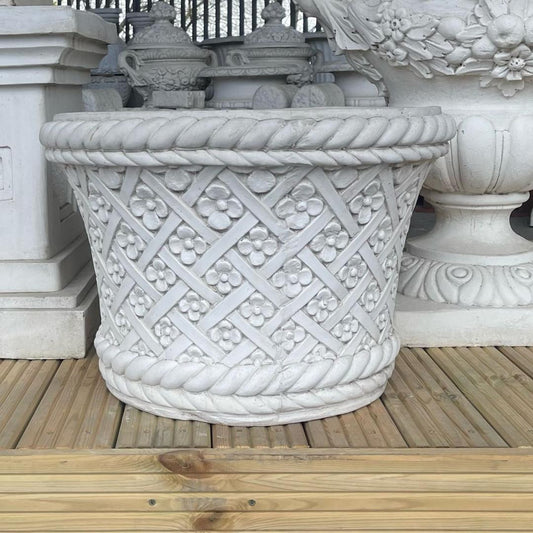 Large Round White Stone Cast Wicker/Flower Design Planter Pot 