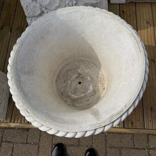 Large Round White Stone Cast Wicker/Flower Design Planter Pot