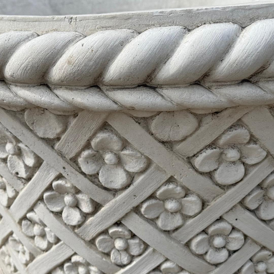 Large Round White Stone Cast Wicker/Flower Design Planter Pot 
