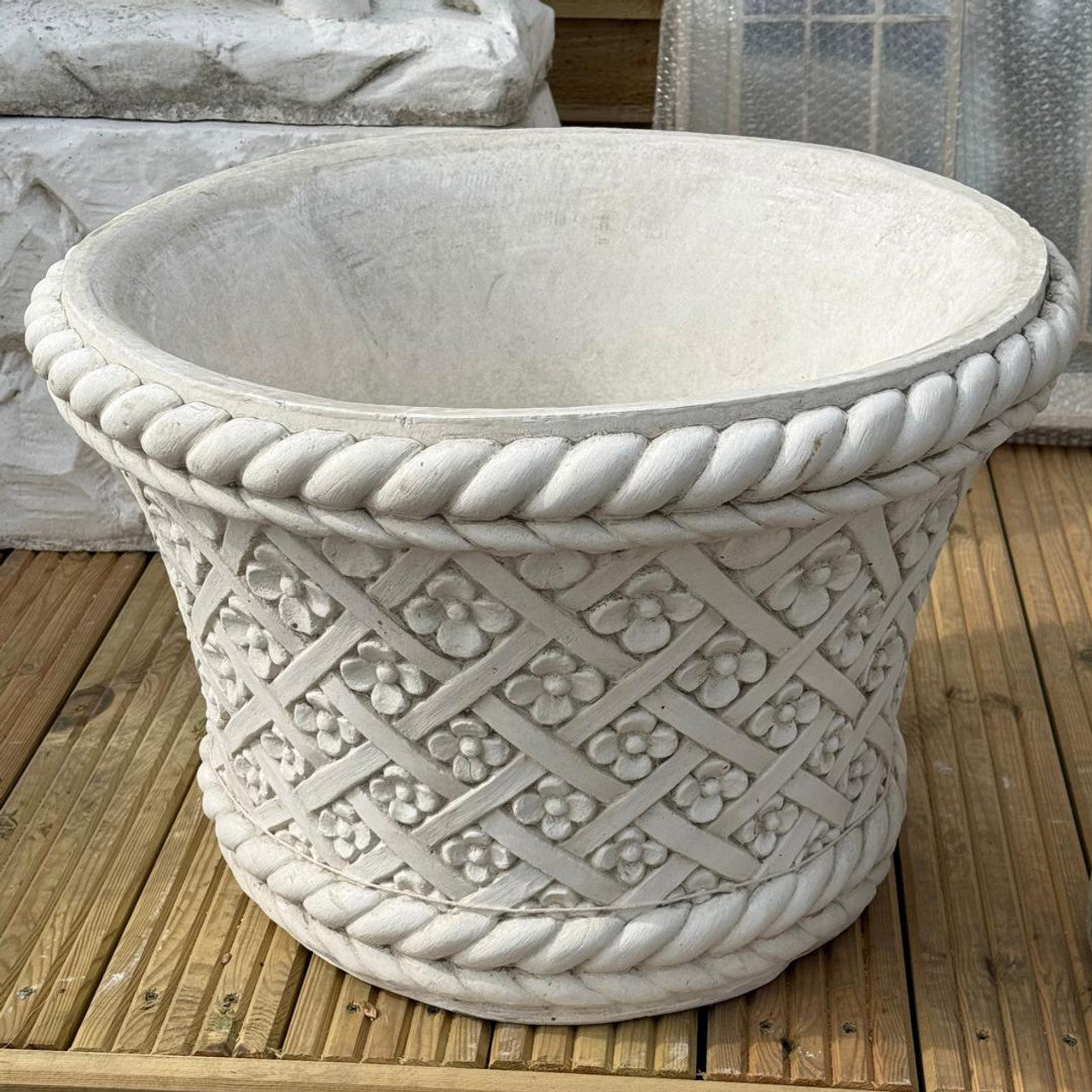 Large Round White Stone Cast Wicker/Flower Design Planter Pot
